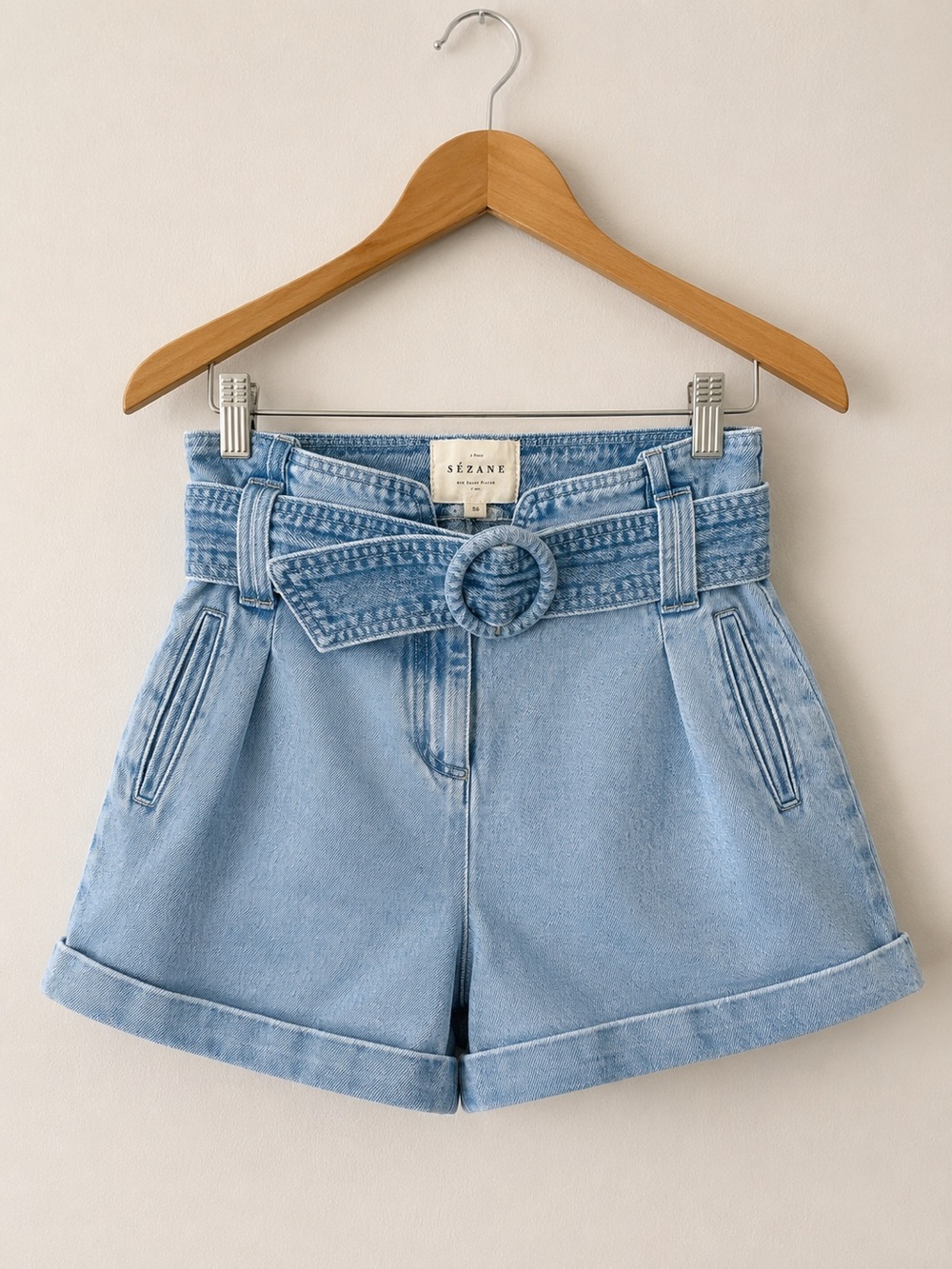 Sézane Rome High Waist Denim Shorts Light Wash Cuffed Size 36
